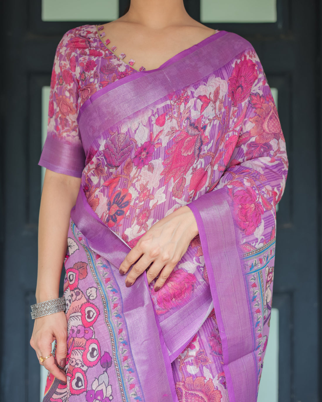 Purple and Pink Floral Printed Pure Cotton Linen Saree with Blouse