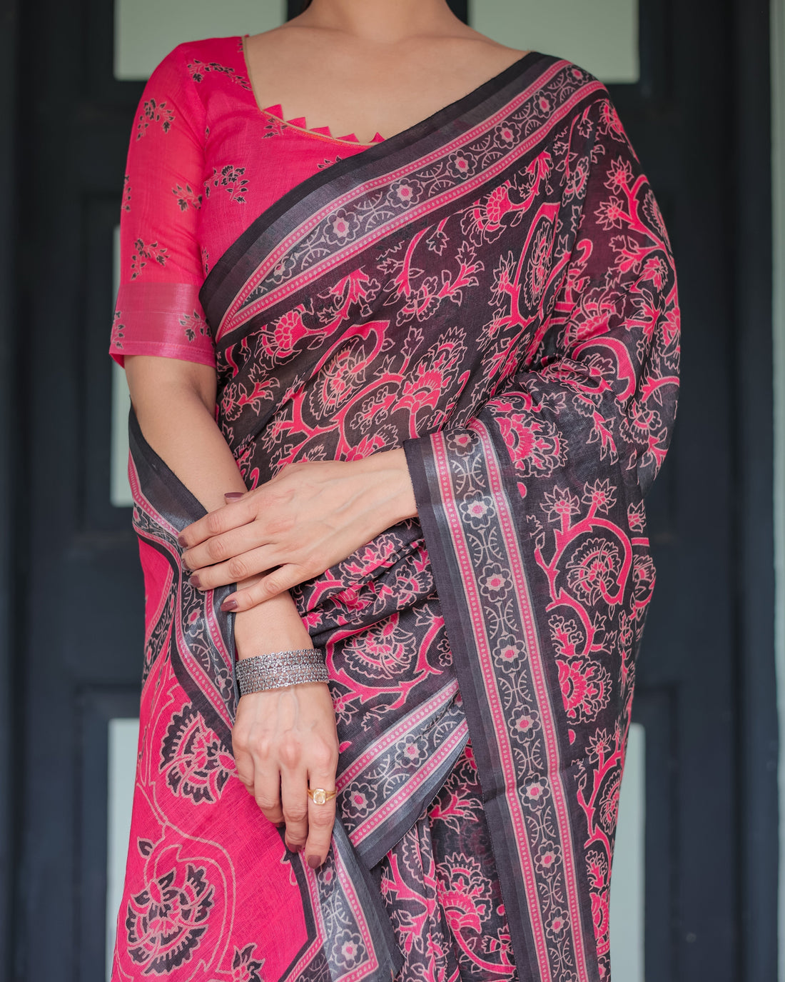 Pure Cotton Linen Saree in Black and Pink with Floral Print