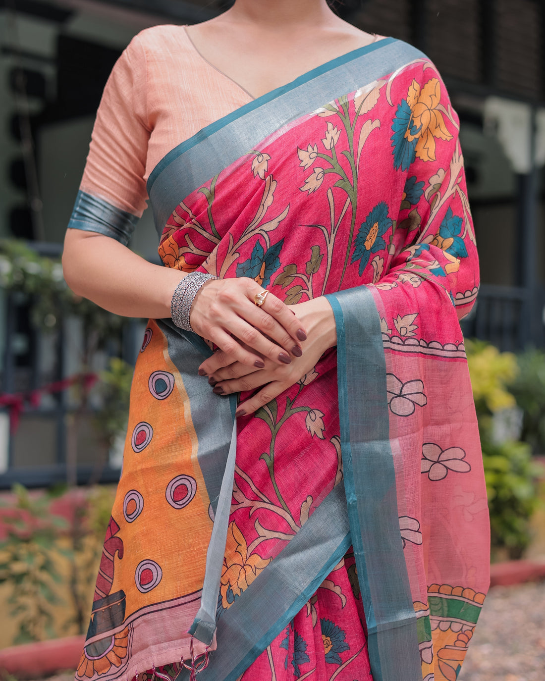 Pink and Orange Pure Cotton Linen Saree with Floral Kalamkari Print