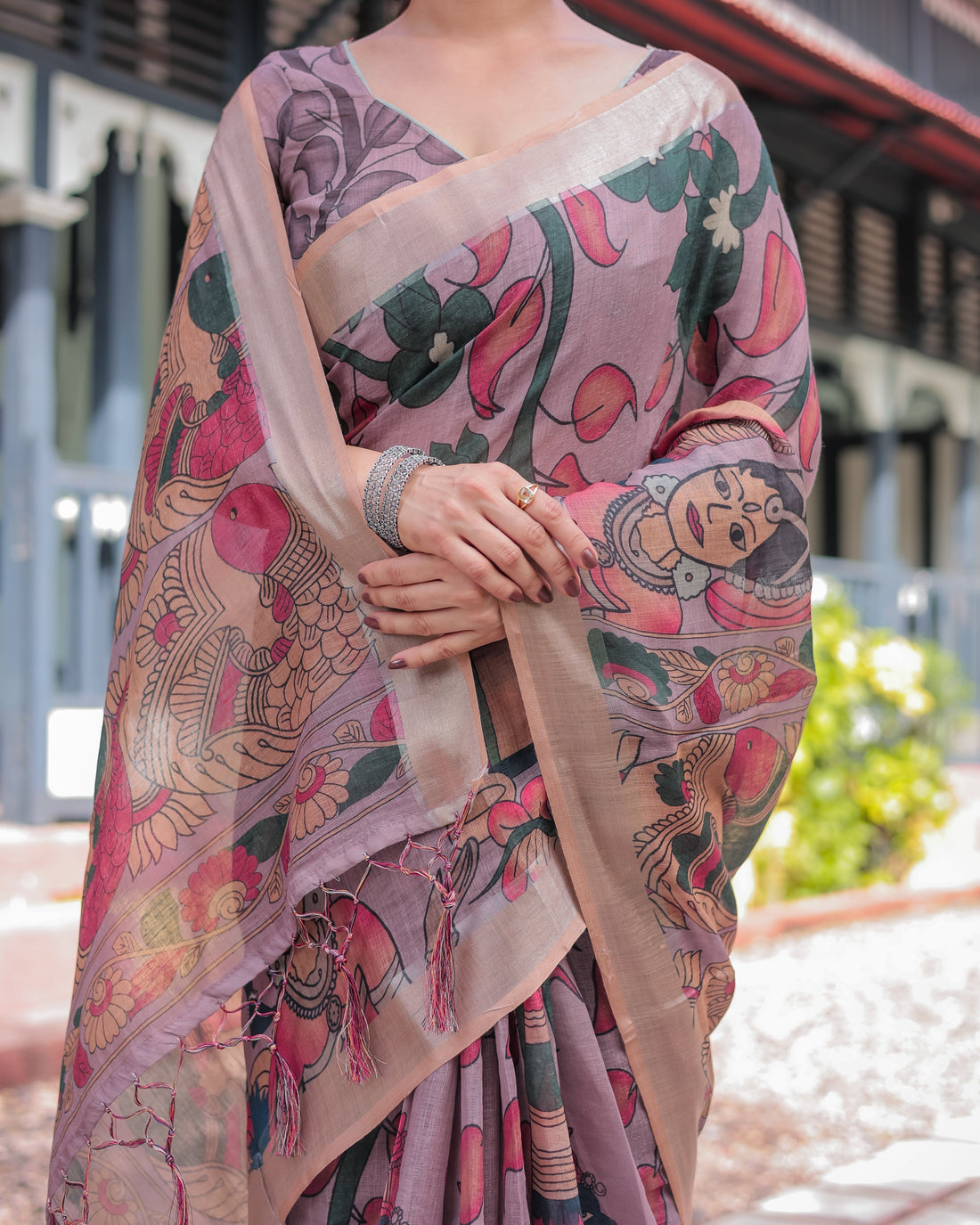 Pastel Peach Kalamkari Design Pure Cotton Linen Saree