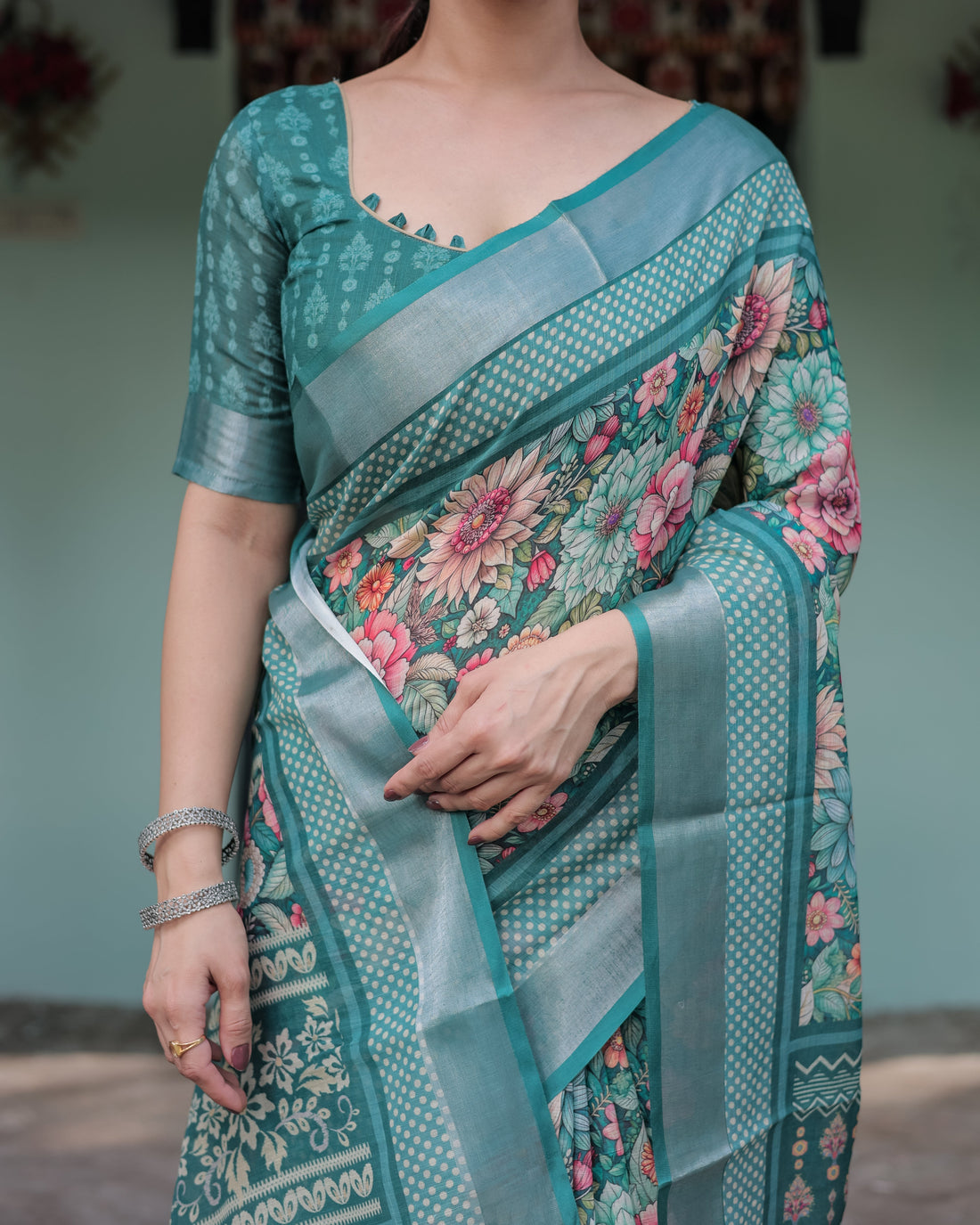Teal Green Floral Printed Pure Cotton Linen Saree