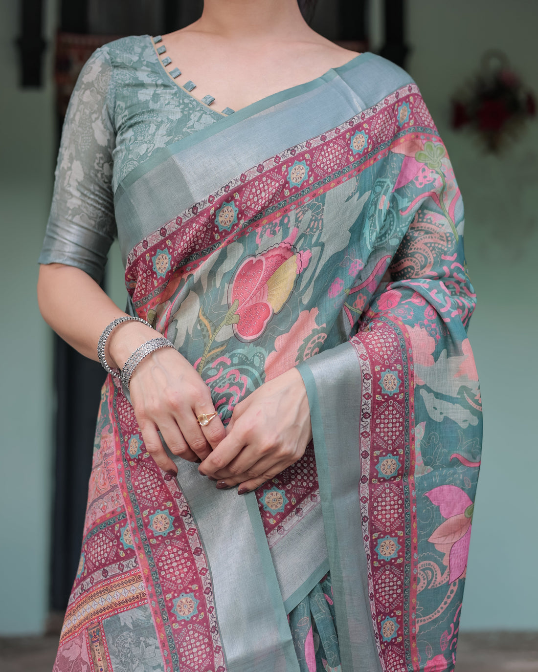 Pink and Maroon Pure Cotton Linen Saree with Blouse and Tassels - Floral Design