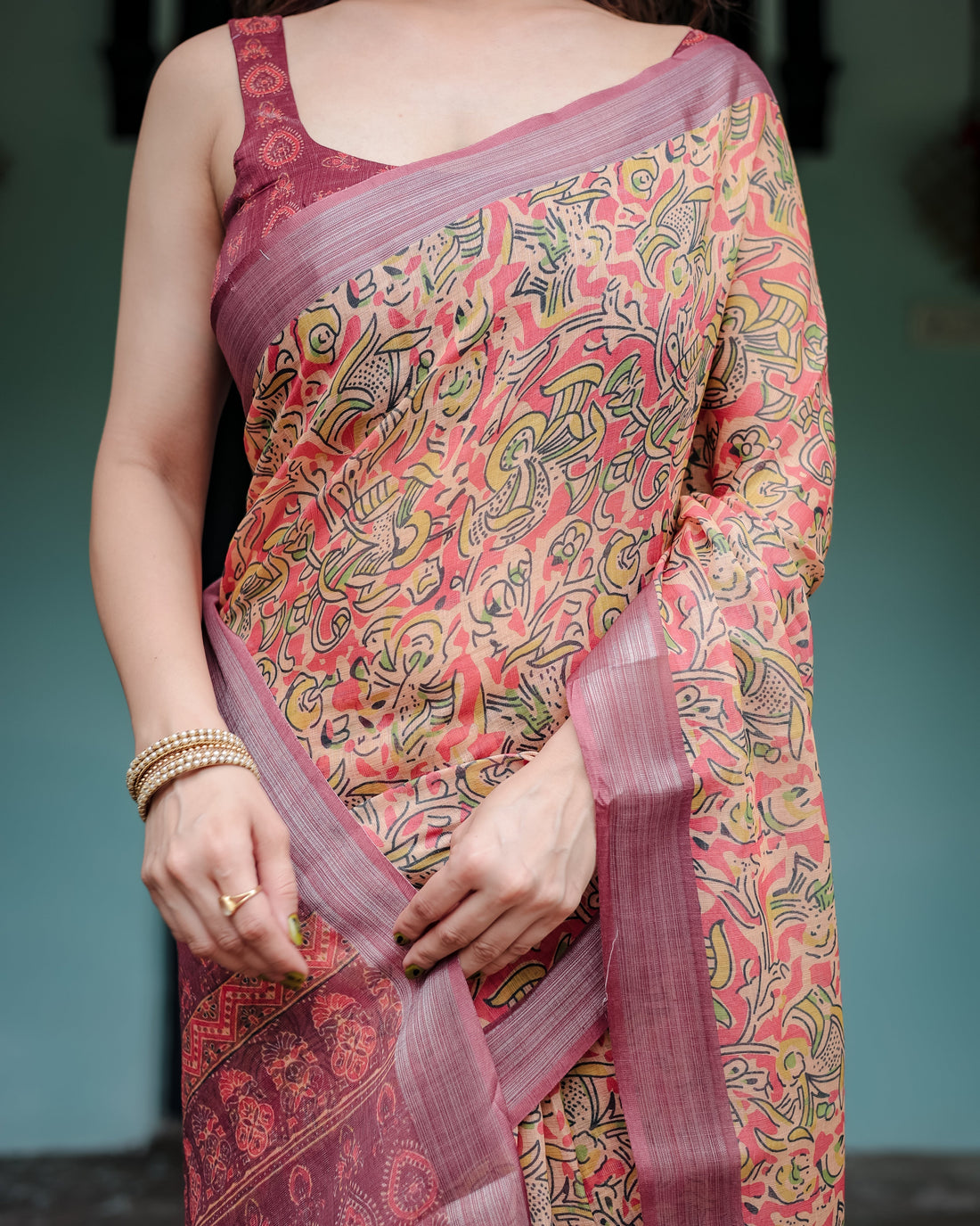 Beige and Rust Pure Cotton Linen Saree with Tribal Block Print