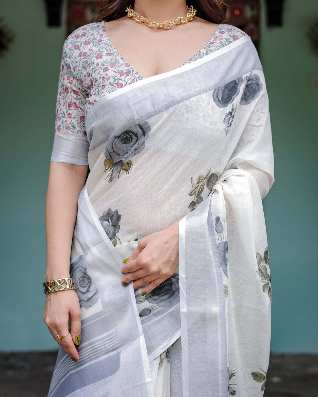 White and Grey Pure Cotton Linen Saree with Floral Print