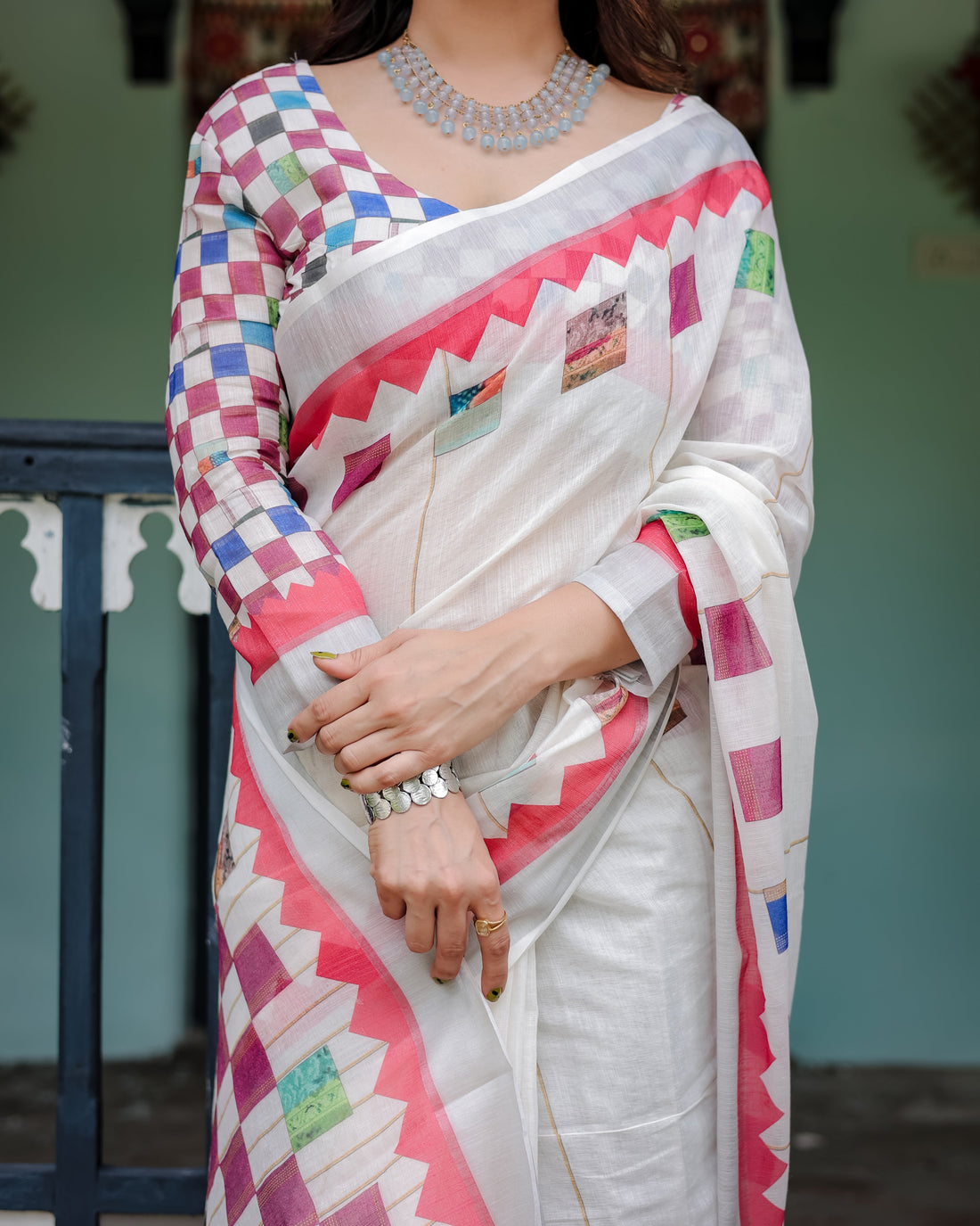 White Pure Cotton Linen Saree with Multicolor Checkered Design