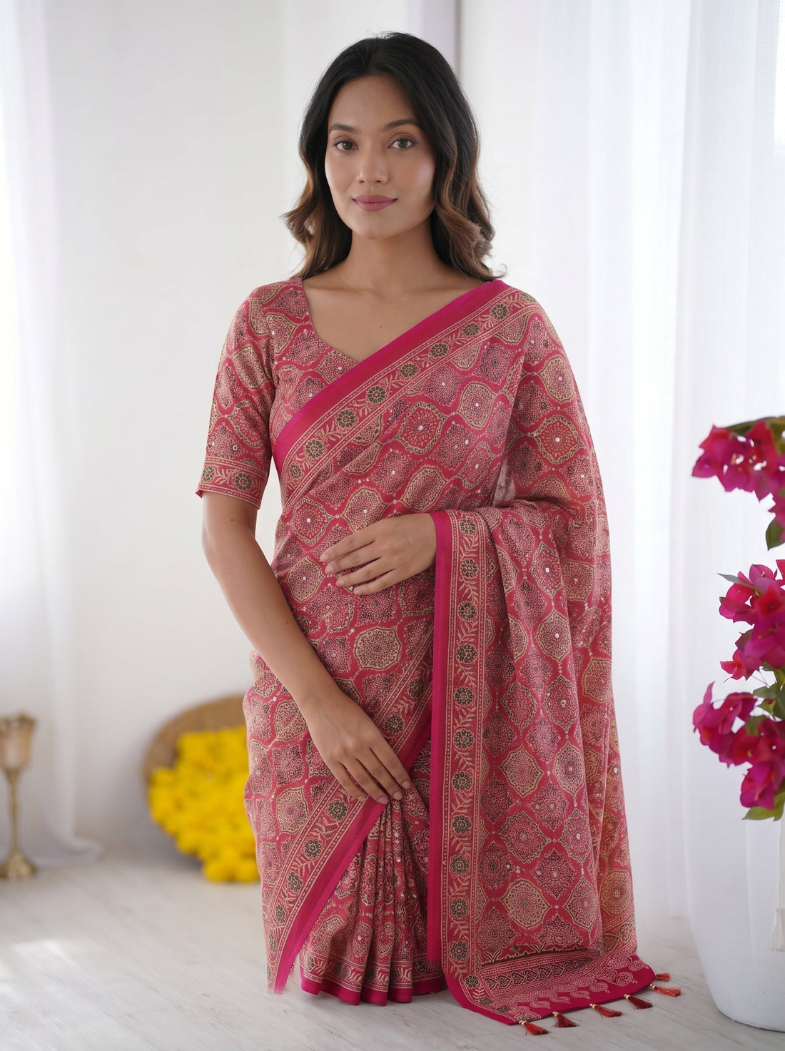Rose Pink Modal Silk Saree with Heritage Motifs, Intricate All-Over Print & Designer Pallu