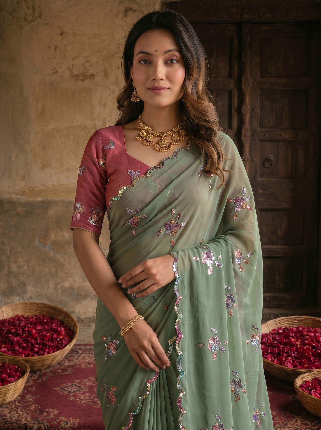 Sage Green Georgette Embroidered Saree with Floral Sequin Work