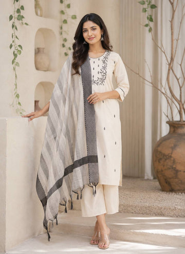 Off White -Colored Khadi Cotton Embroidered Kurta