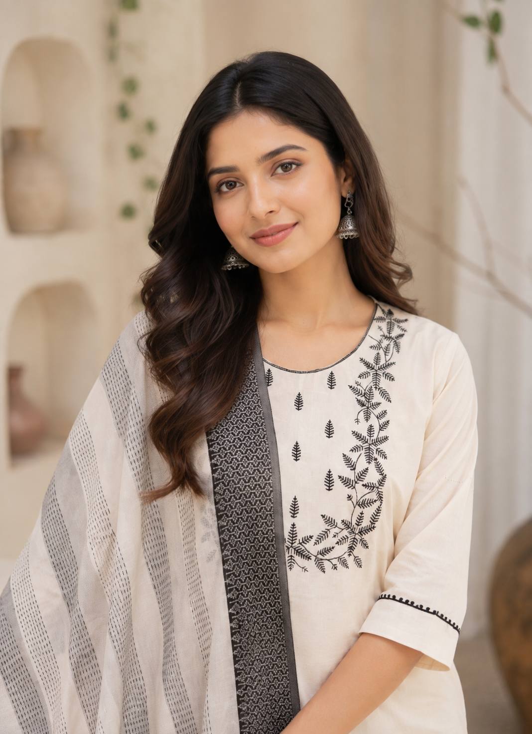 Off White -Colored Khadi Cotton Embroidered Kurta
