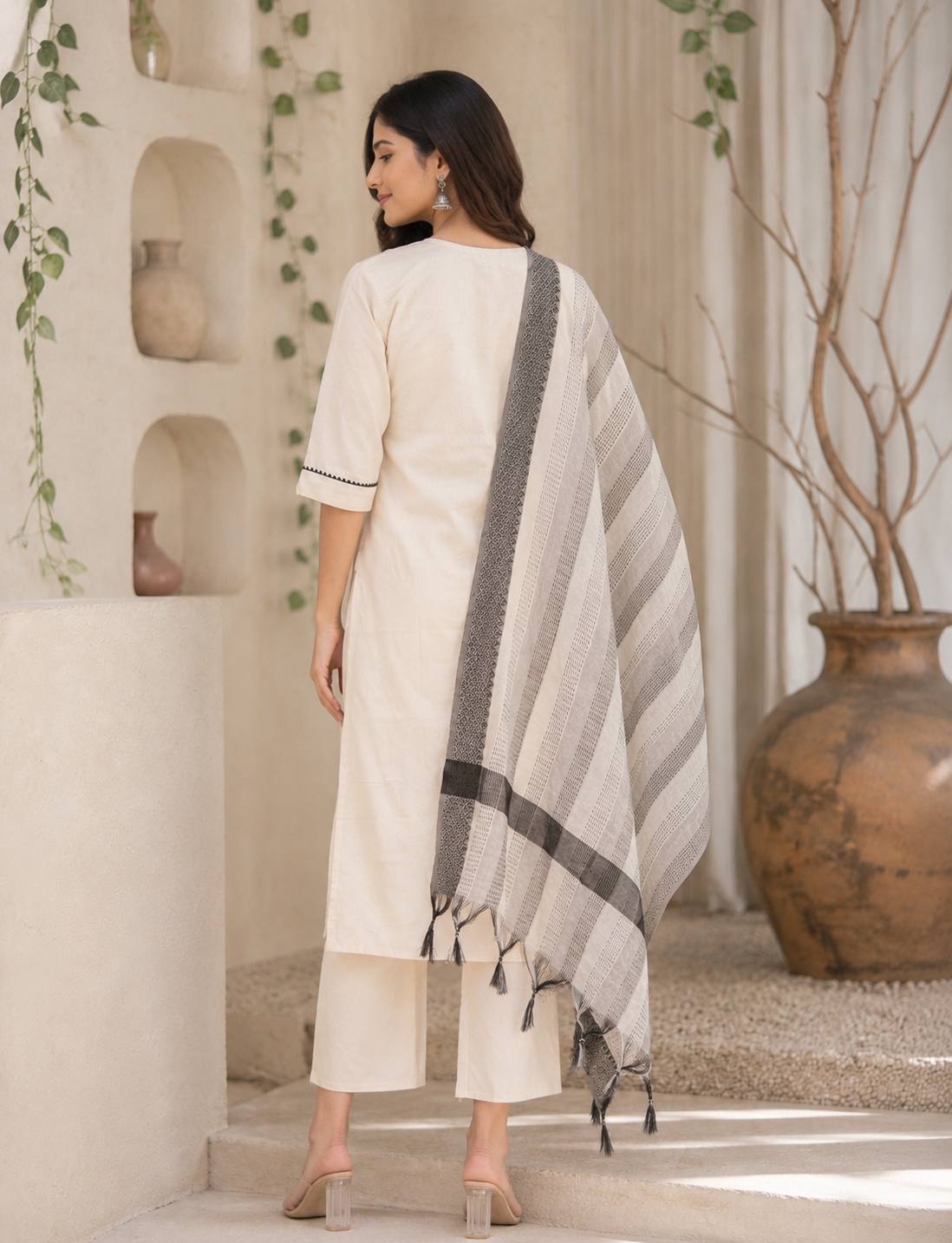 Off White -Colored Khadi Cotton Embroidered Kurta