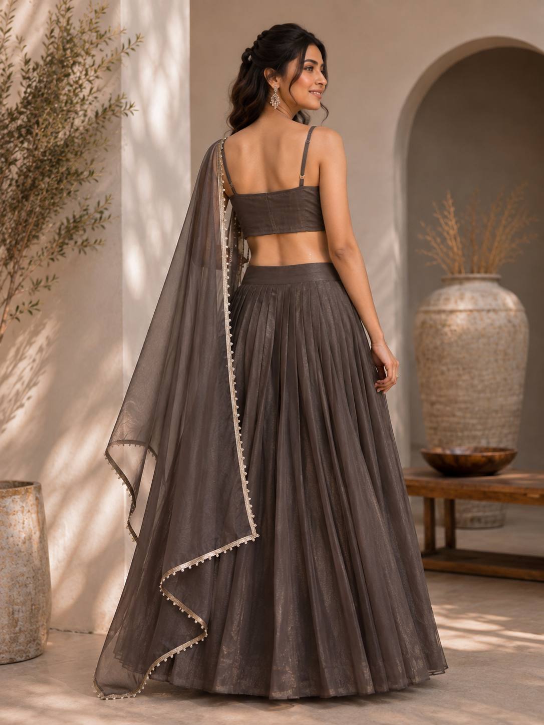 Coffee Brown Embroidered Crop Top Lehenga Choli with Dupatta