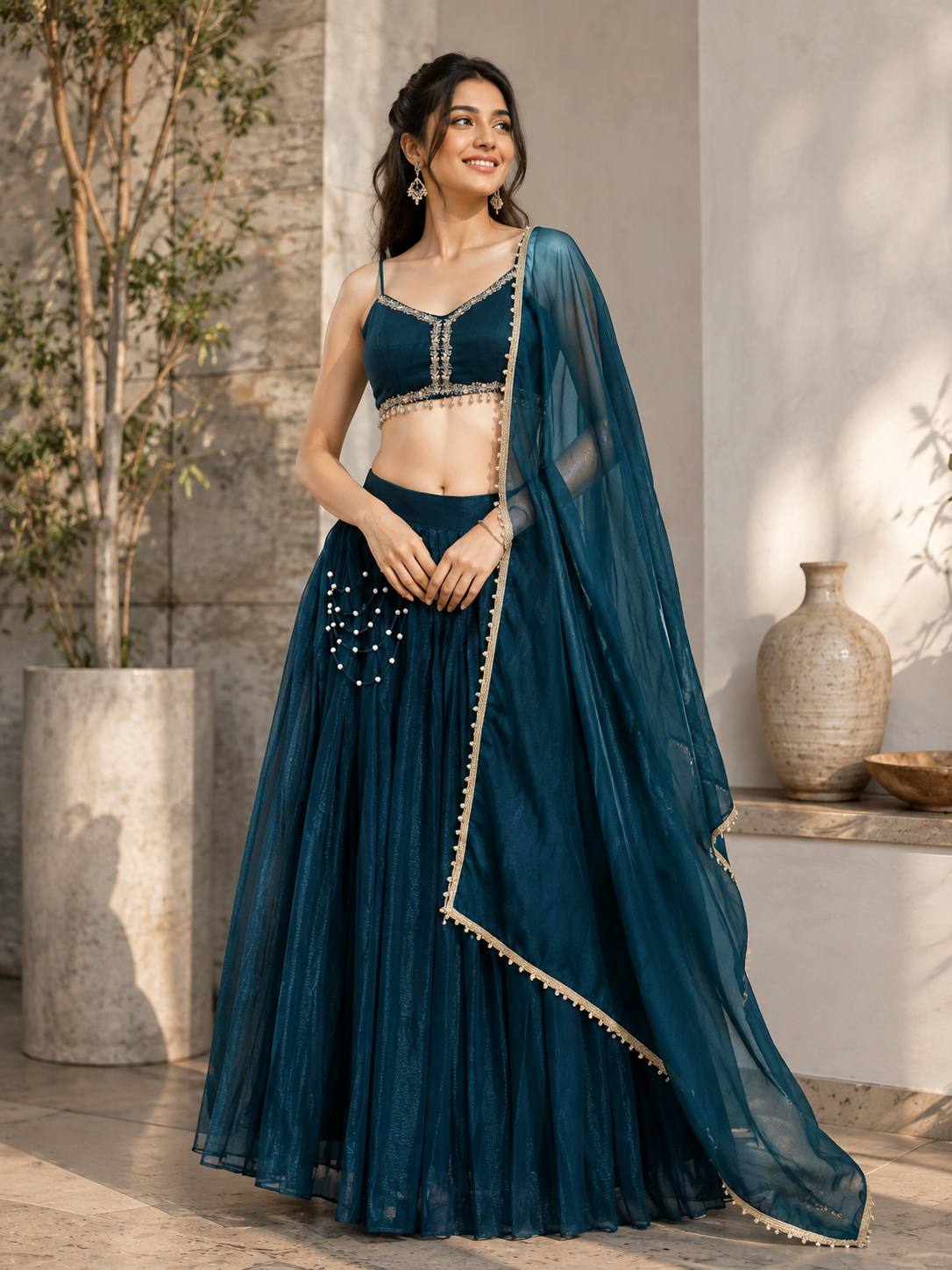 Peacock Blue  Embroidered Crop Top Lehenga Choli with Dupatta