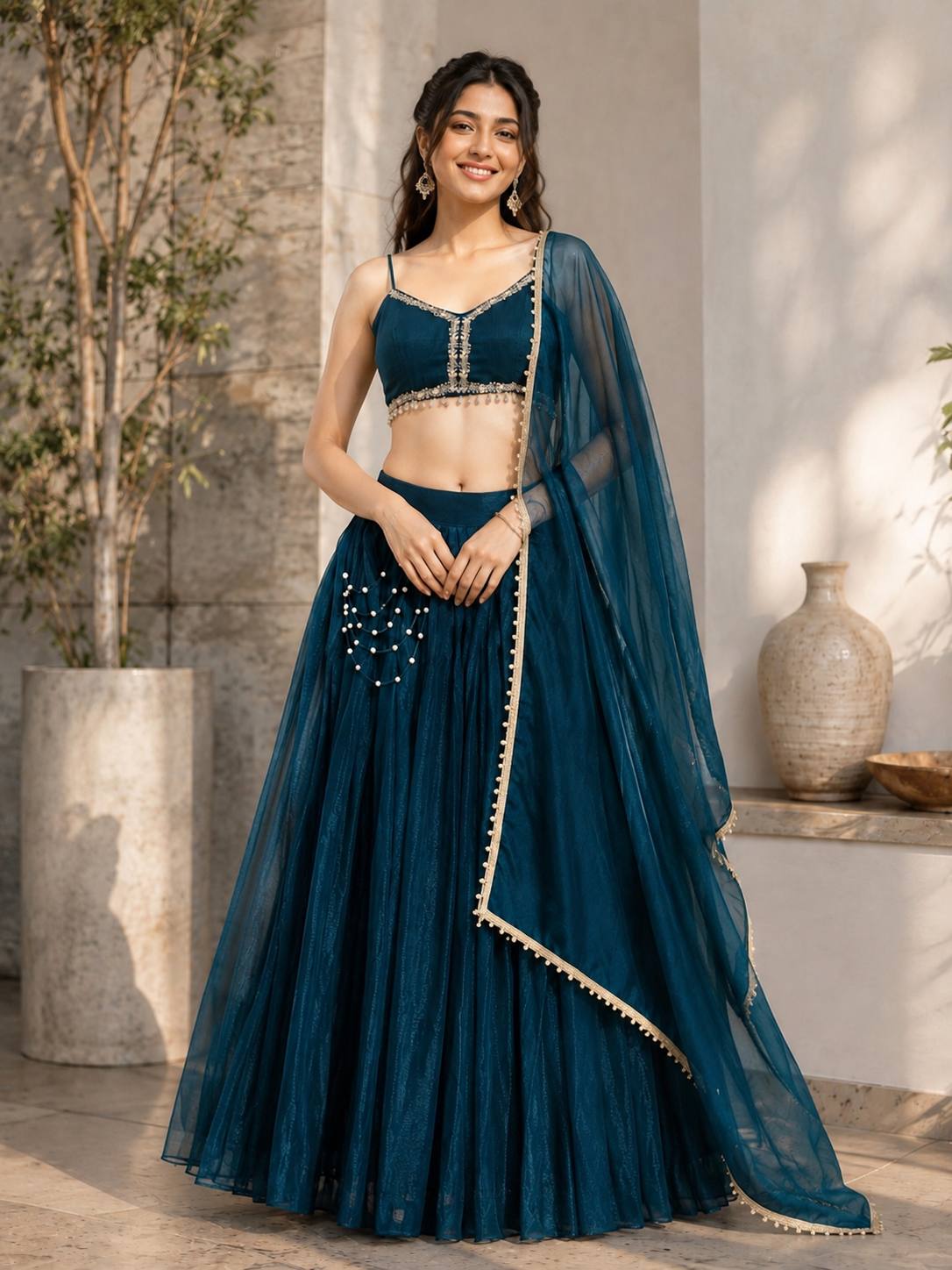 Peacock Blue  Embroidered Crop Top Lehenga Choli with Dupatta