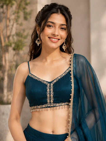 Peacock Blue  Embroidered Crop Top Lehenga Choli with Dupatta