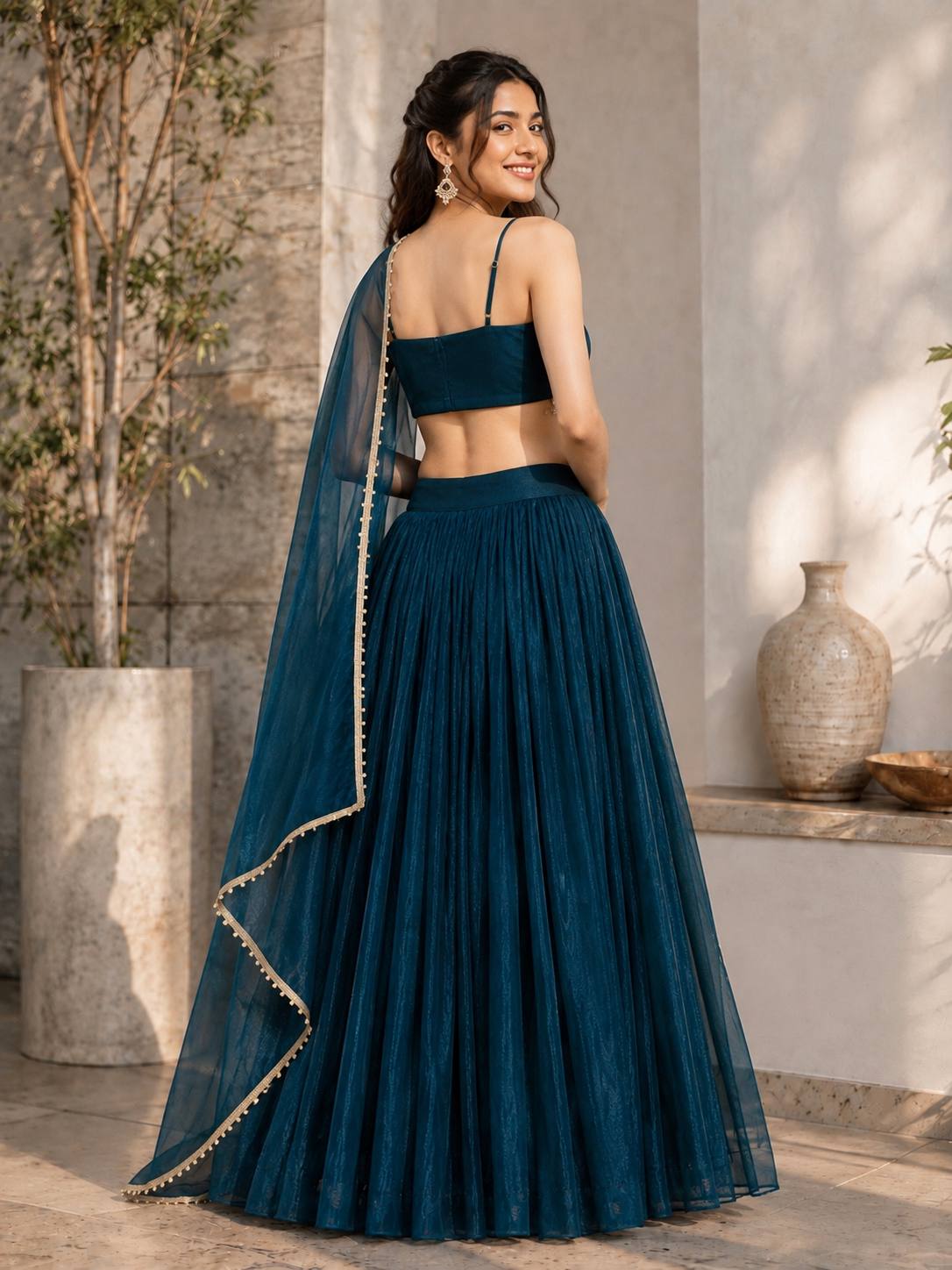Peacock Blue  Embroidered Crop Top Lehenga Choli with Dupatta