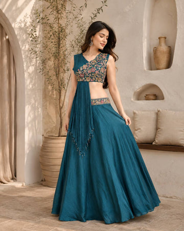 Teal Blue Peacock Charm One Shoulder Embroidered Lehenga Set