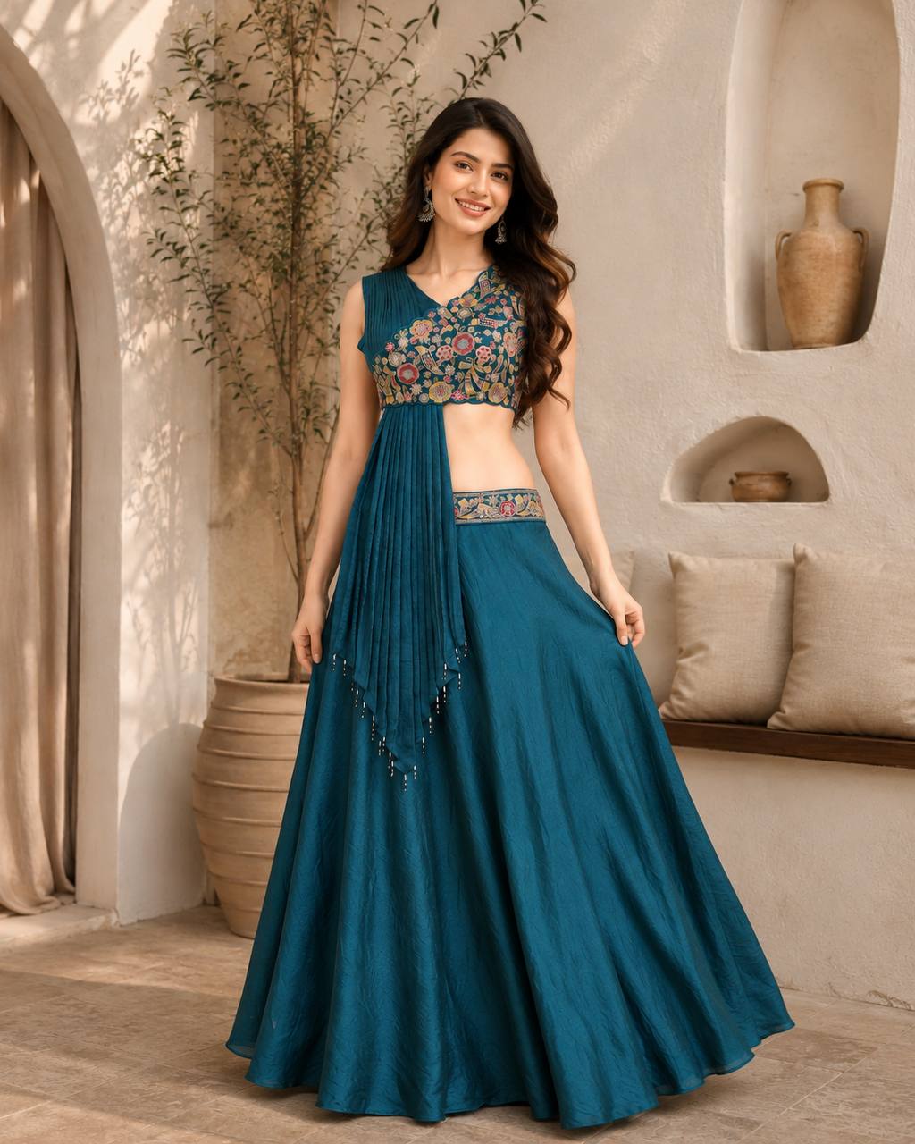 Teal Blue Peacock Charm One Shoulder Embroidered Lehenga Set
