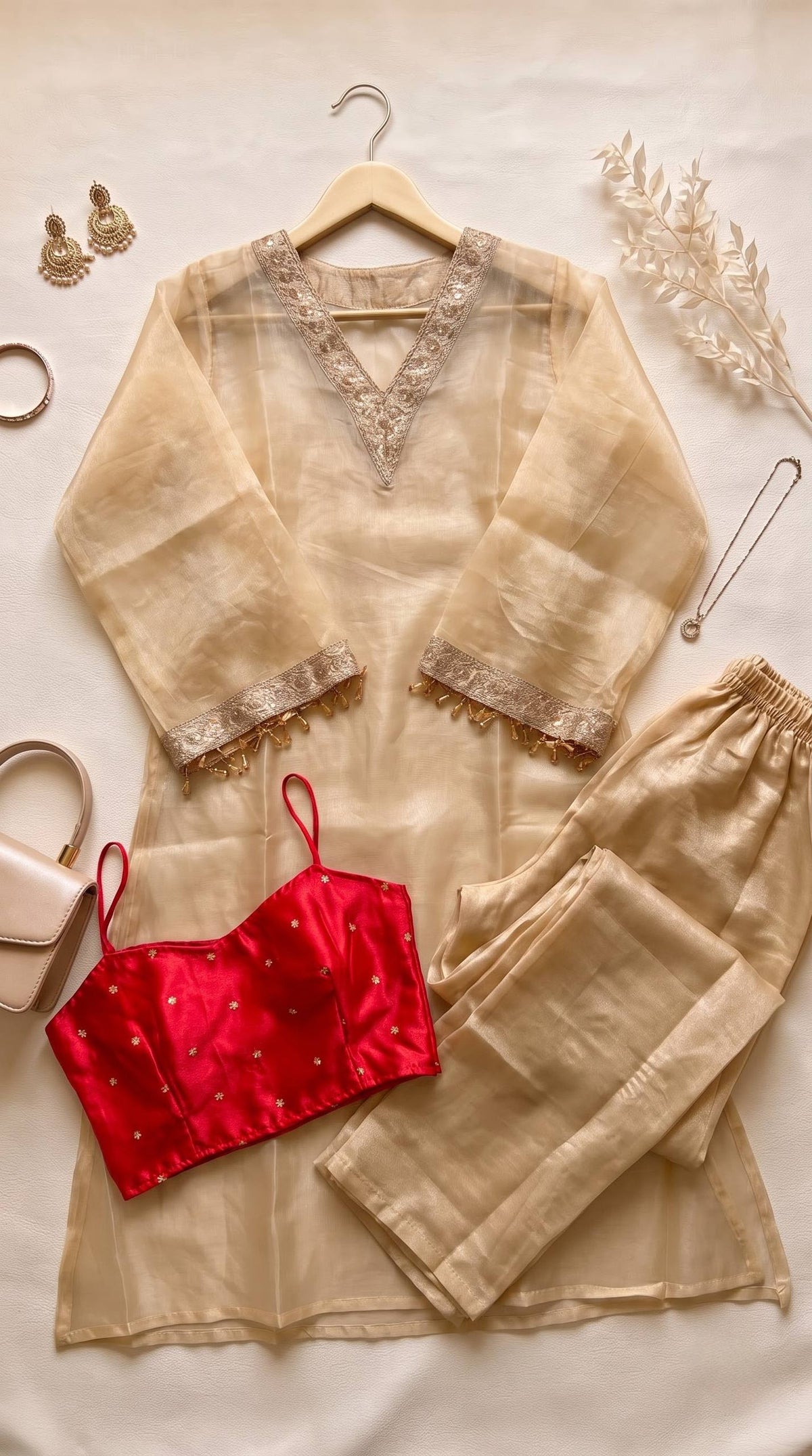 Golden Tissue  Kurta Set with Lace Work