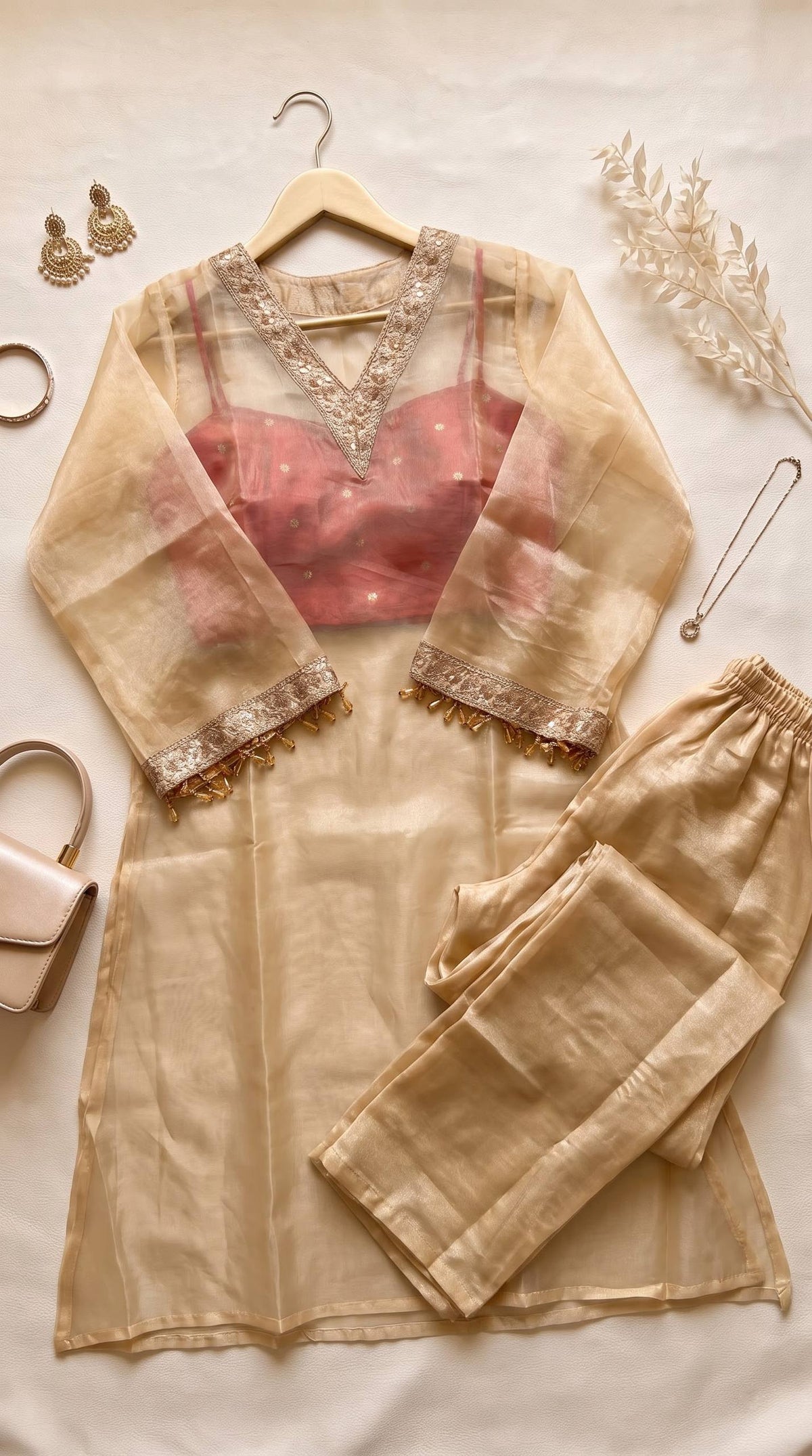 Golden Tissue  Kurta Set with Lace Work