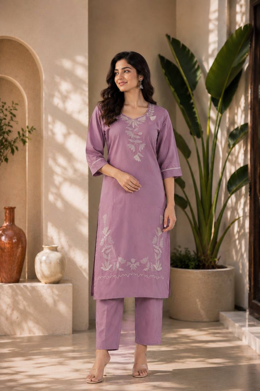 Lavender Colored Embroidered Cotton Straight Kurta Set