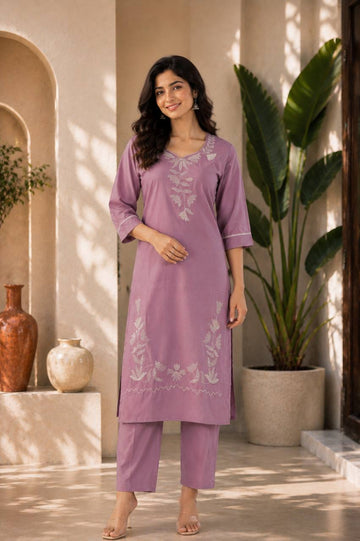 Lavender Colored Embroidered Cotton Straight Kurta Set