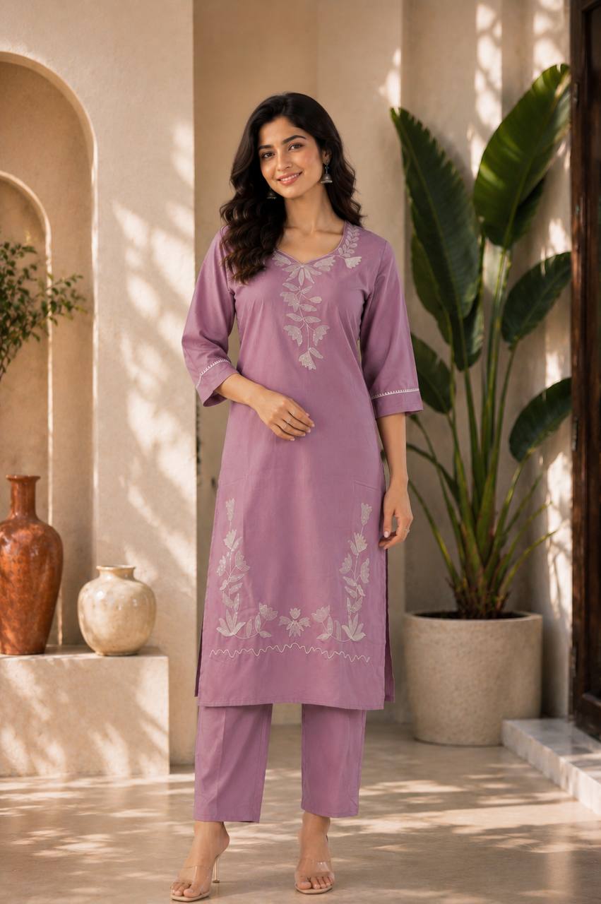 Lavender Colored Embroidered Cotton Straight Kurta Set