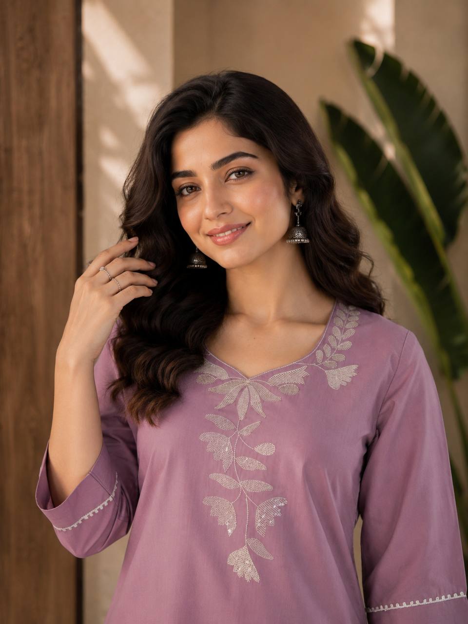 Lavender Colored Embroidered Cotton Straight Kurta Set