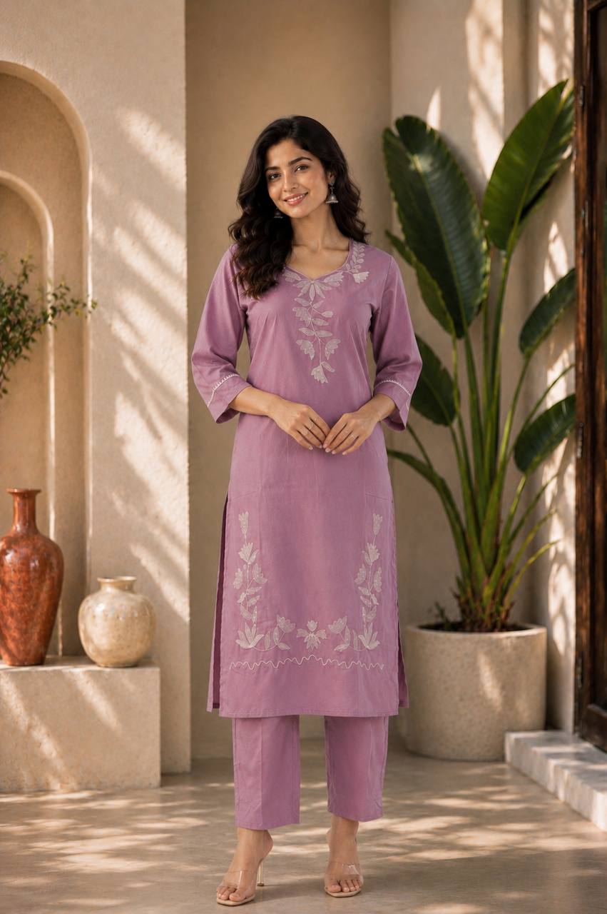 Lavender Colored Embroidered Cotton Straight Kurta Set