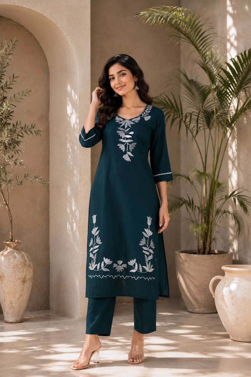 Teal Blue Colored Embroidered Cotton Straight Kurta Set