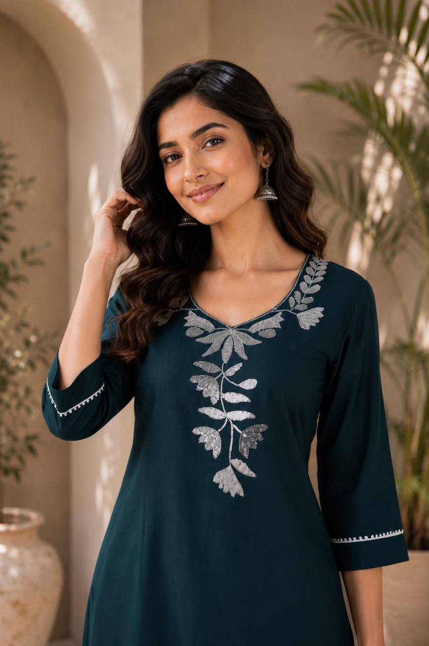 Teal Blue Colored Embroidered Cotton Straight Kurta Set