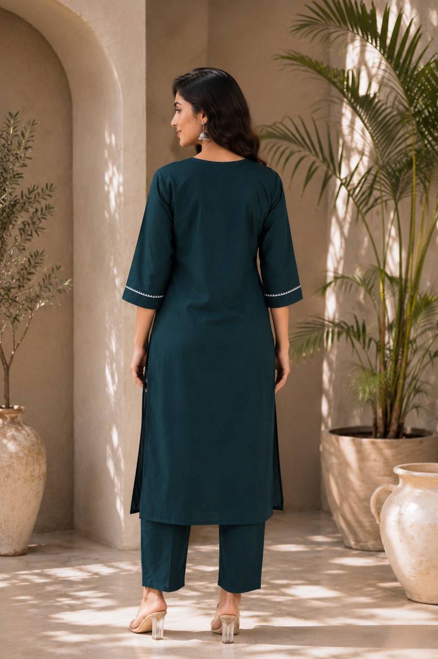 Teal Blue Colored Embroidered Cotton Straight Kurta Set