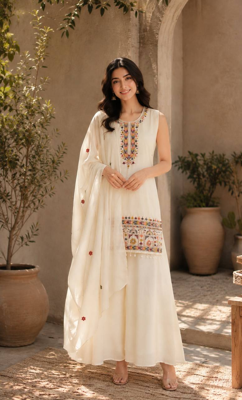 Ivory-Colored Ethnic Kurta Set Featuring Intricate Multicolor Embroidery