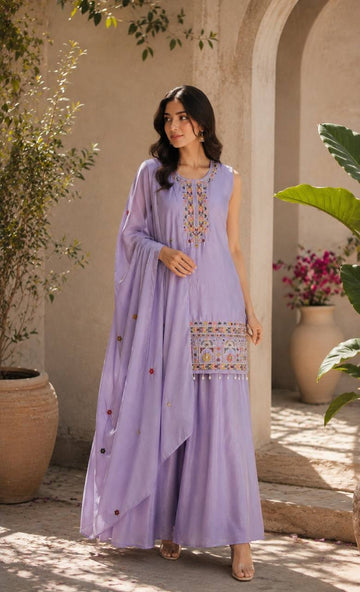 Lavender Ethnic Kurta Set Featuring Intricate Multicolor Embroidery