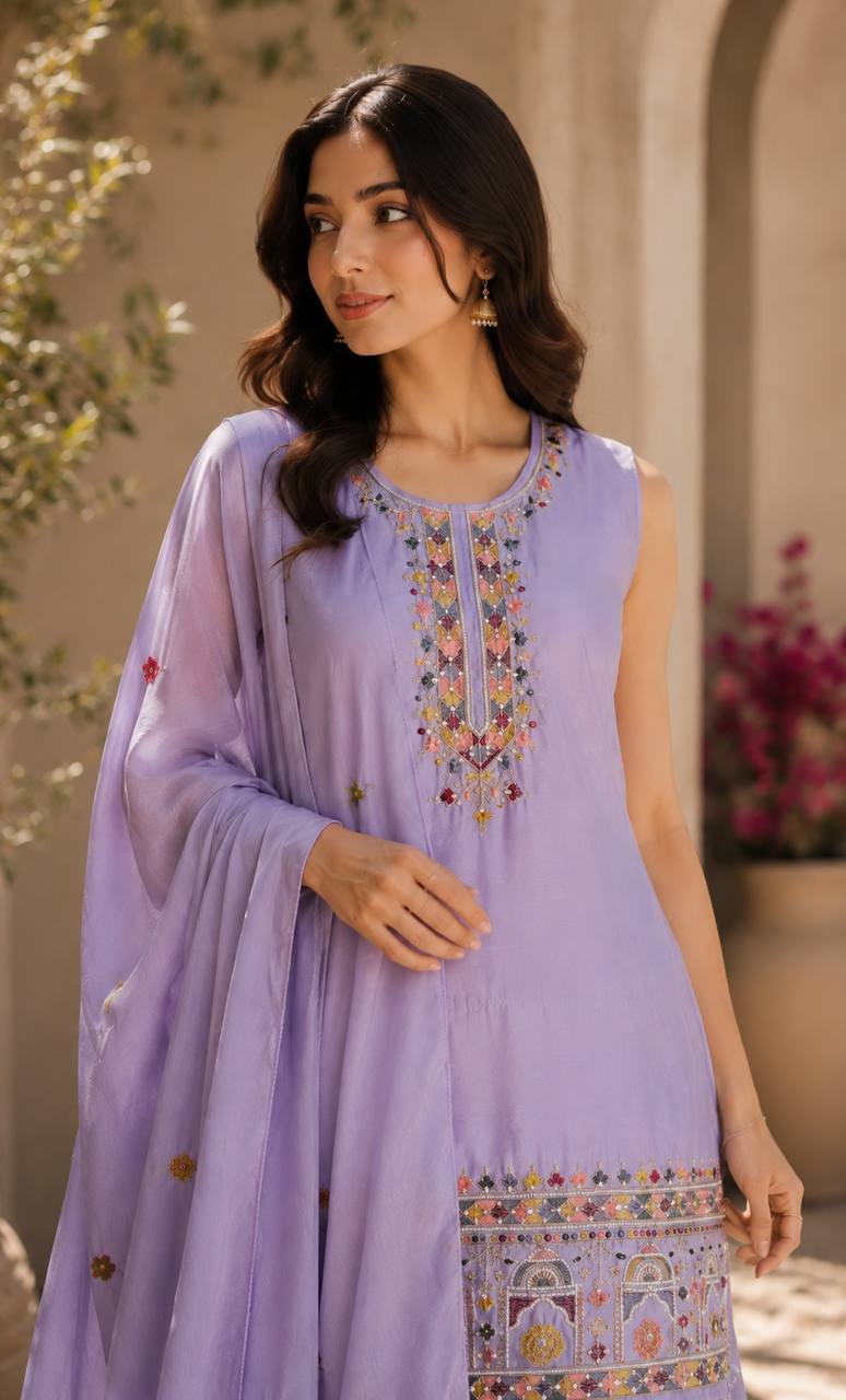 Lavender Ethnic Kurta Set Featuring Intricate Multicolor Embroidery