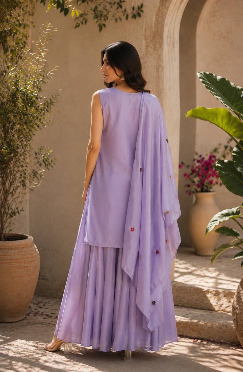 Lavender Ethnic Kurta Set Featuring Intricate Multicolor Embroidery