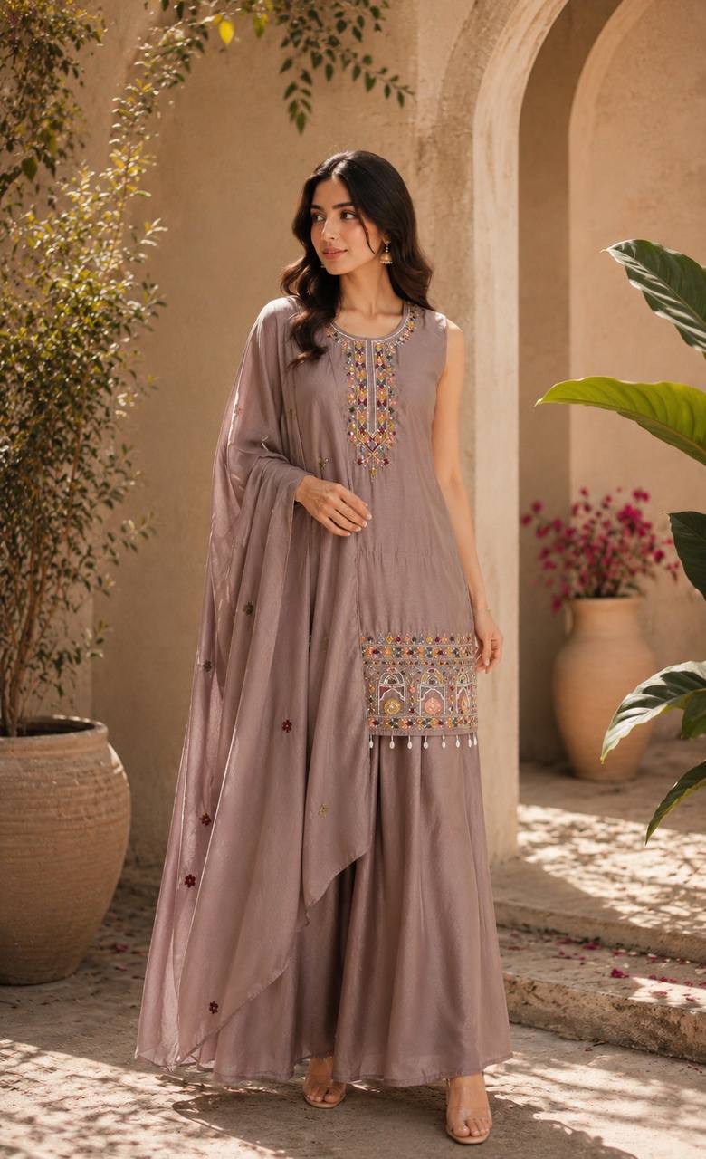 Mauve Ethnic Kurta Set Featuring Intricate Multicolor Embroidery