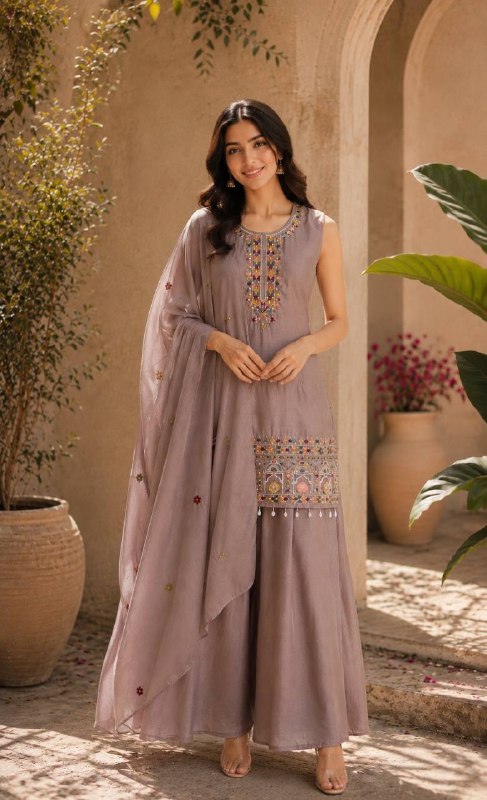Mauve Ethnic Kurta Set Featuring Intricate Multicolor Embroidery