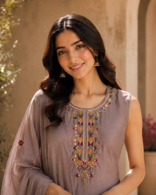 Mauve Ethnic Kurta Set Featuring Intricate Multicolor Embroidery