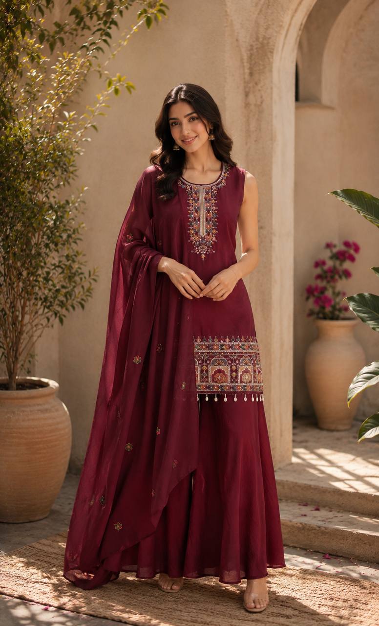 Maroon Ethnic Kurta Set Featuring Intricate Multicolor Embroidery