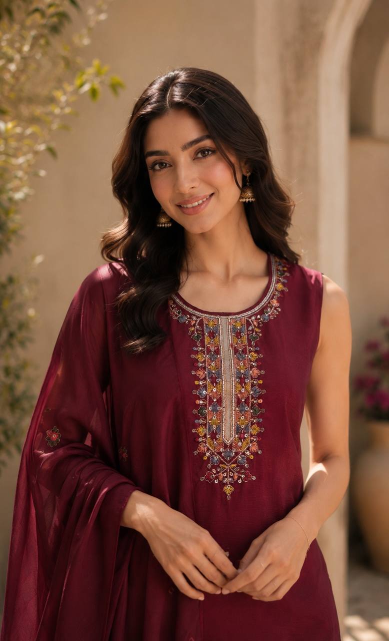 Maroon Ethnic Kurta Set Featuring Intricate Multicolor Embroidery