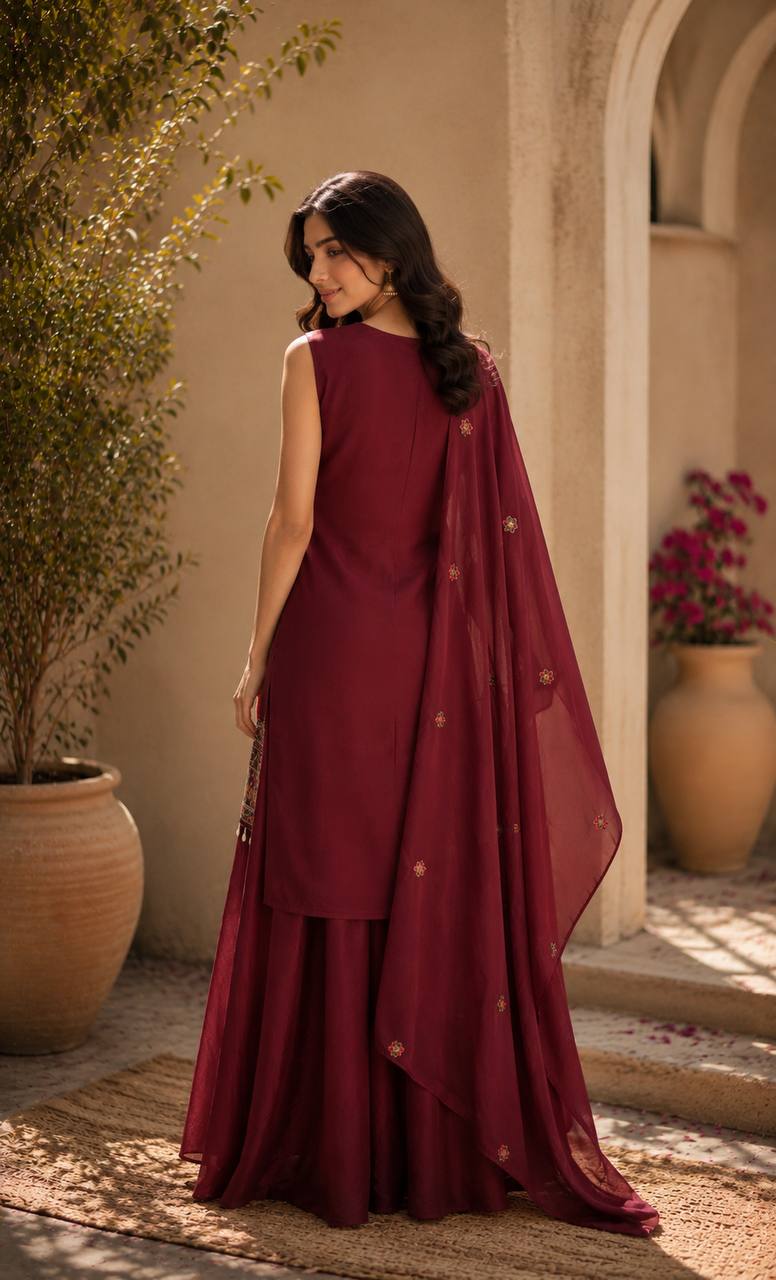 Maroon Ethnic Kurta Set Featuring Intricate Multicolor Embroidery