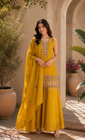 Mustard Yellow Ethnic Kurta Set Featuring Intricate Multicolor Embroidery