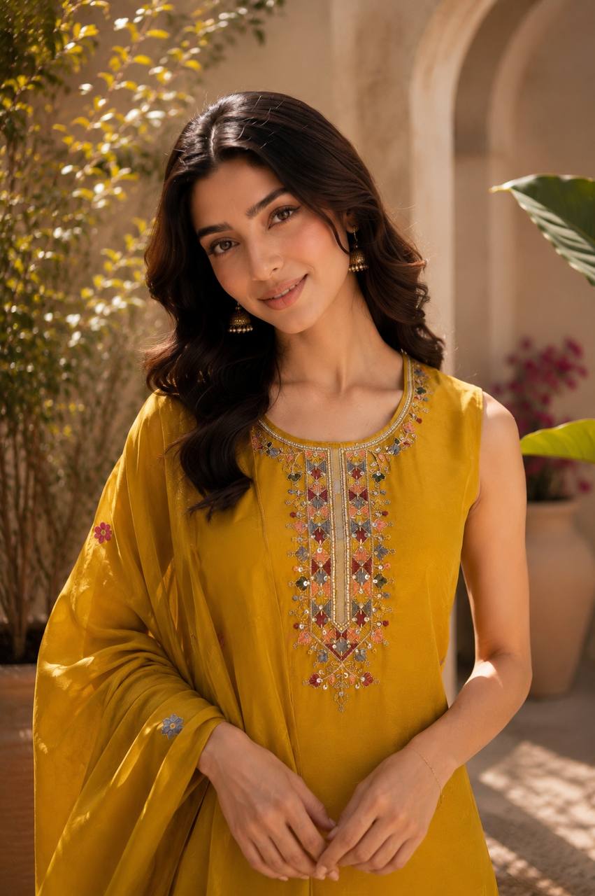 Mustard Yellow Ethnic Kurta Set Featuring Intricate Multicolor Embroidery
