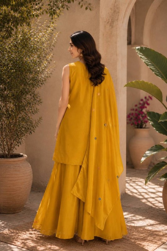 Mustard Yellow Ethnic Kurta Set Featuring Intricate Multicolor Embroidery