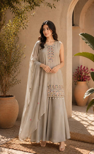 Nude Cream Ethnic Kurta Set Featuring Intricate Multicolor Embroidery