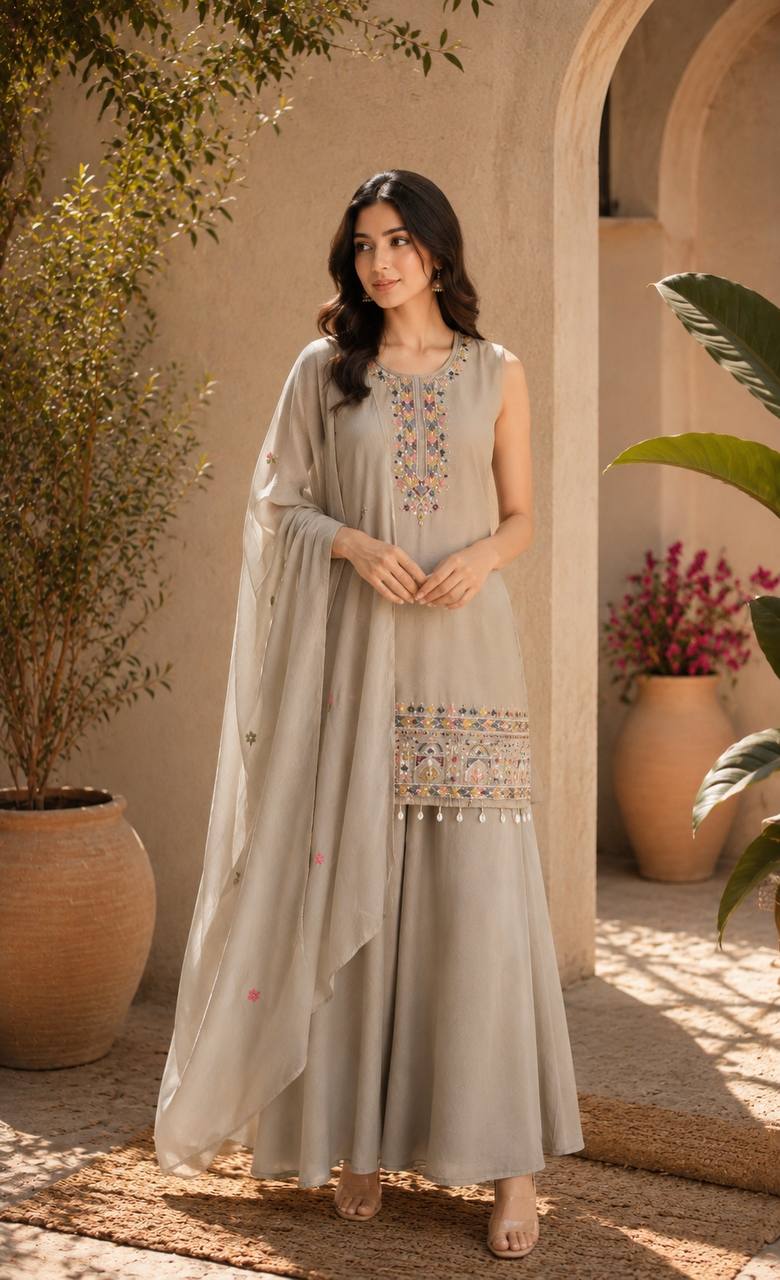 Nude Cream Ethnic Kurta Set Featuring Intricate Multicolor Embroidery