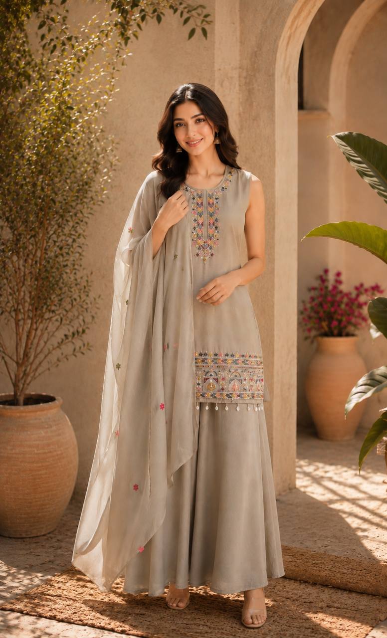 Nude Cream Ethnic Kurta Set Featuring Intricate Multicolor Embroidery