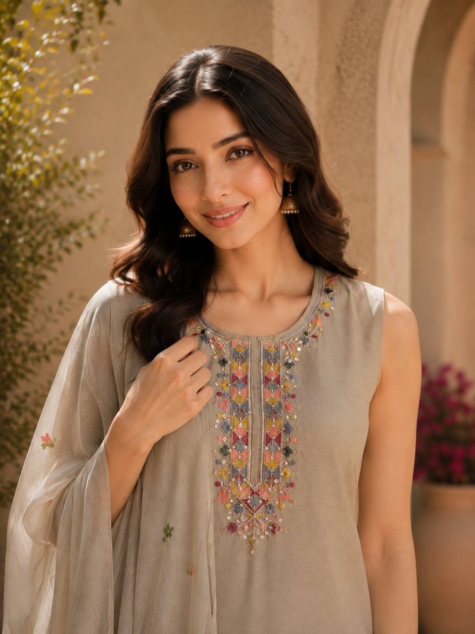 Nude Cream Ethnic Kurta Set Featuring Intricate Multicolor Embroidery