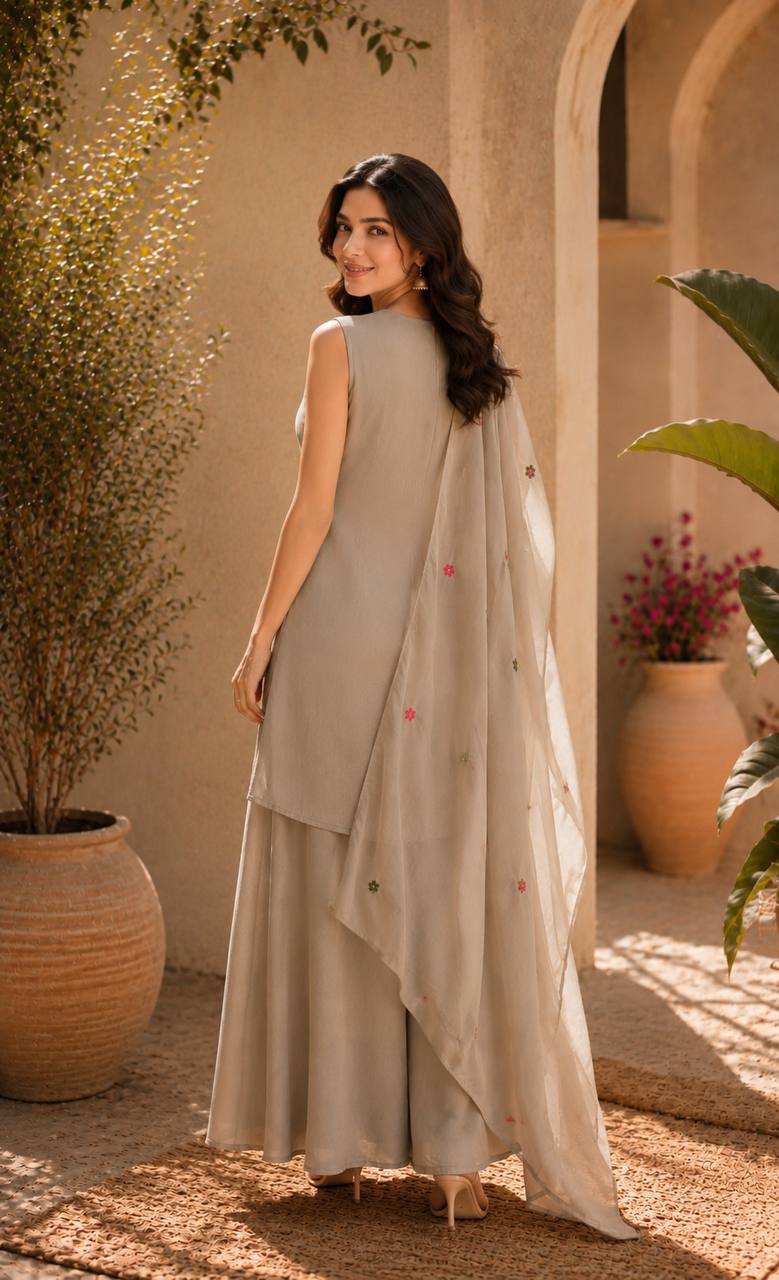 Nude Cream Ethnic Kurta Set Featuring Intricate Multicolor Embroidery