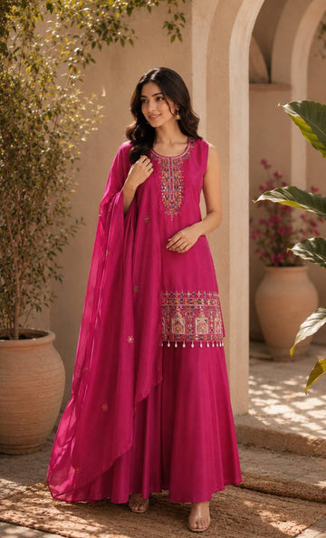 Magenta Pink Ethnic Kurta Set Featuring Intricate Multicolor Embroidery